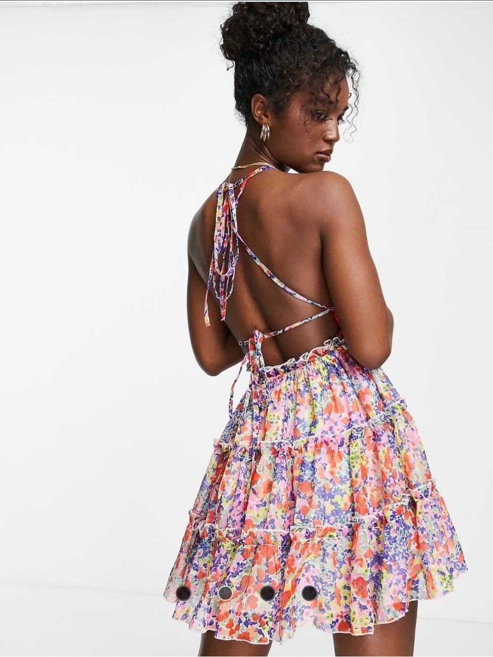 ASOS Multicolor Floral Tiered Mini Dress with Red Lace Trim - Picture 2 of 6